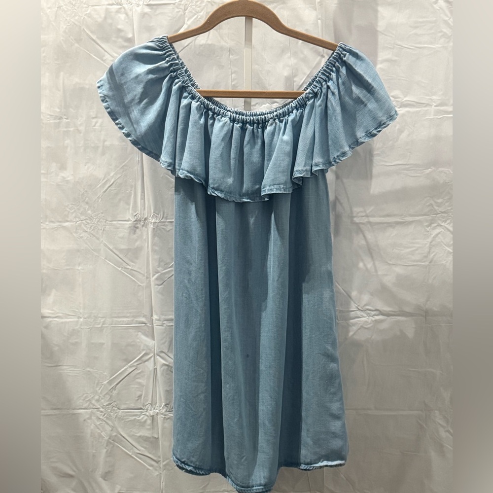 Lulu's Dusty Blue Off-Shoulder Ruffle Dress